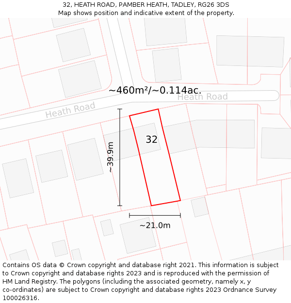32, HEATH ROAD, PAMBER HEATH, TADLEY, RG26 3DS: Plot and title map