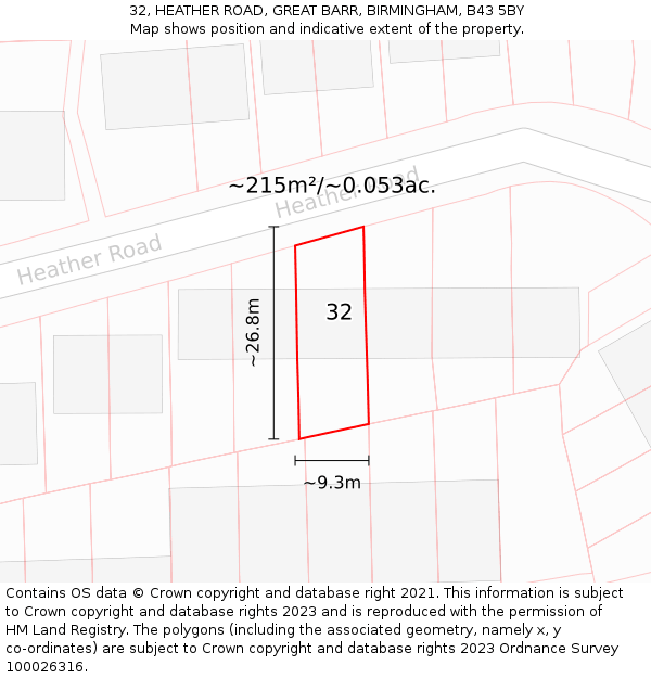 32, HEATHER ROAD, GREAT BARR, BIRMINGHAM, B43 5BY: Plot and title map