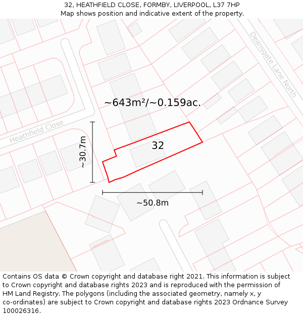32, HEATHFIELD CLOSE, FORMBY, LIVERPOOL, L37 7HP: Plot and title map