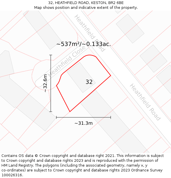 32, HEATHFIELD ROAD, KESTON, BR2 6BE: Plot and title map
