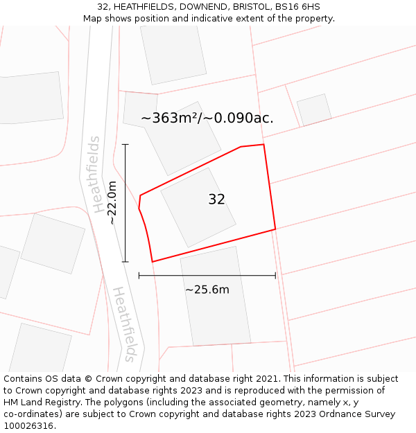 32, HEATHFIELDS, DOWNEND, BRISTOL, BS16 6HS: Plot and title map