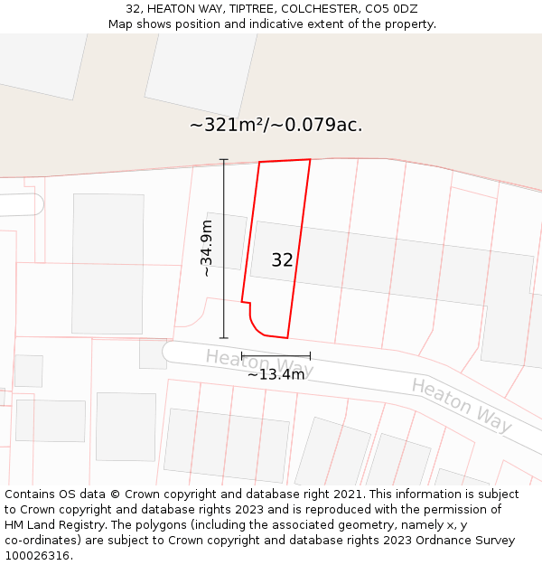 32, HEATON WAY, TIPTREE, COLCHESTER, CO5 0DZ: Plot and title map