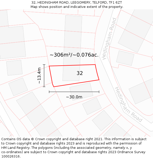 32, HEDINGHAM ROAD, LEEGOMERY, TELFORD, TF1 6ZT: Plot and title map