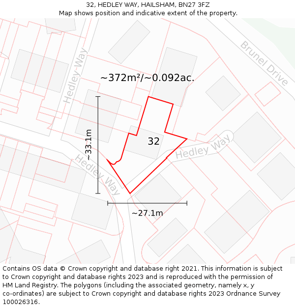 32, HEDLEY WAY, HAILSHAM, BN27 3FZ: Plot and title map