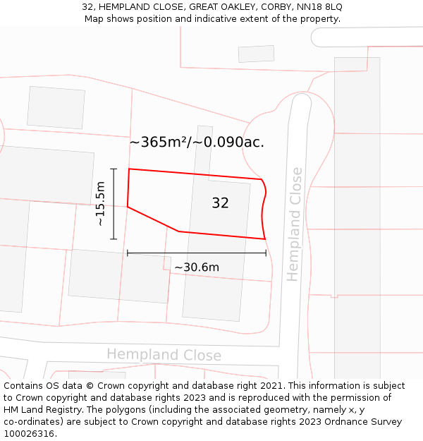 32, HEMPLAND CLOSE, GREAT OAKLEY, CORBY, NN18 8LQ: Plot and title map