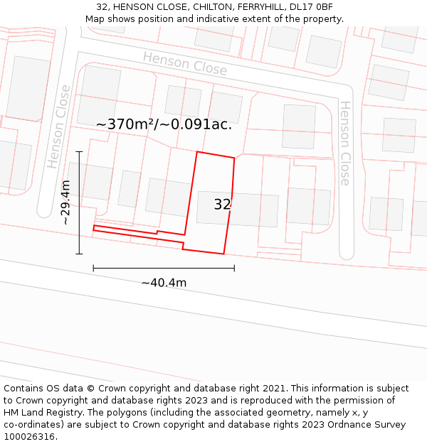 32, HENSON CLOSE, CHILTON, FERRYHILL, DL17 0BF: Plot and title map