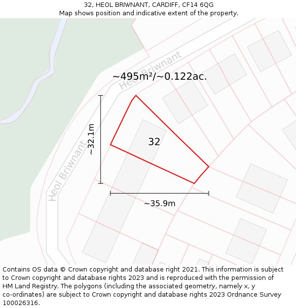 32, HEOL BRIWNANT, CARDIFF, CF14 6QG: Plot and title map