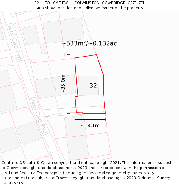 32, HEOL CAE PWLL, COLWINSTON, COWBRIDGE, CF71 7PL: Plot and title map