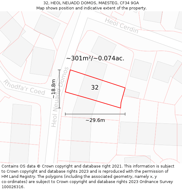 32, HEOL NEUADD DOMOS, MAESTEG, CF34 9GA: Plot and title map
