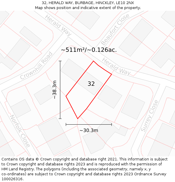 32, HERALD WAY, BURBAGE, HINCKLEY, LE10 2NX: Plot and title map