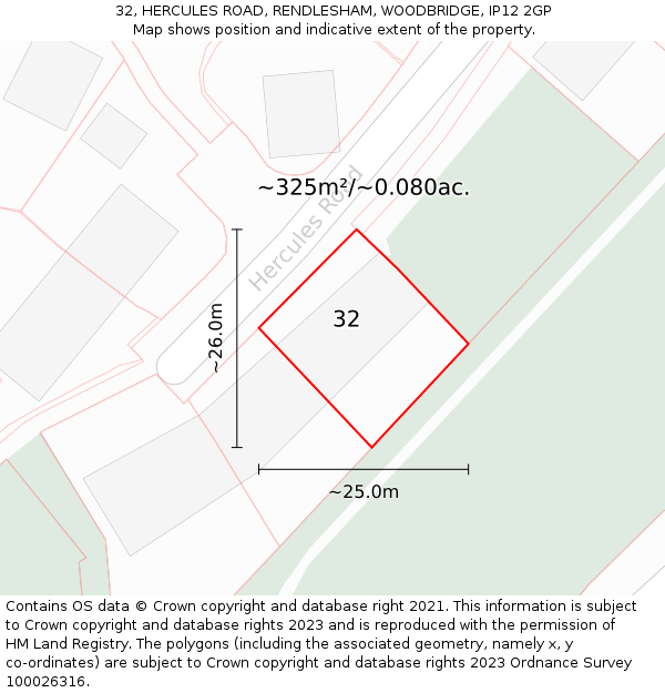 32, HERCULES ROAD, RENDLESHAM, WOODBRIDGE, IP12 2GP: Plot and title map