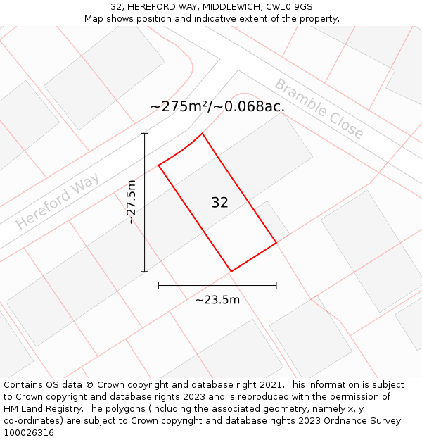 32, HEREFORD WAY, MIDDLEWICH, CW10 9GS: Plot and title map