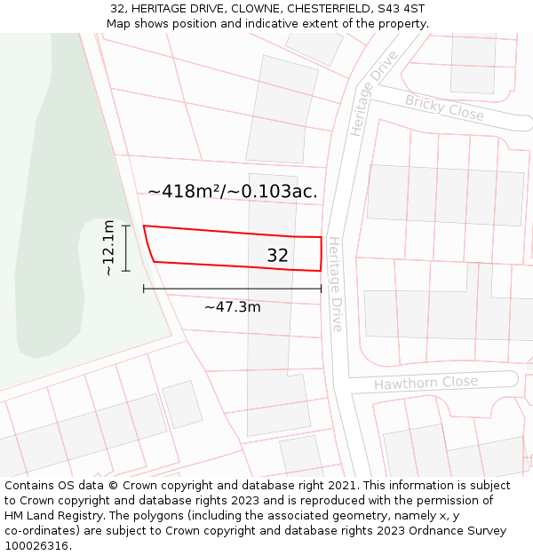 32, HERITAGE DRIVE, CLOWNE, CHESTERFIELD, S43 4ST: Plot and title map