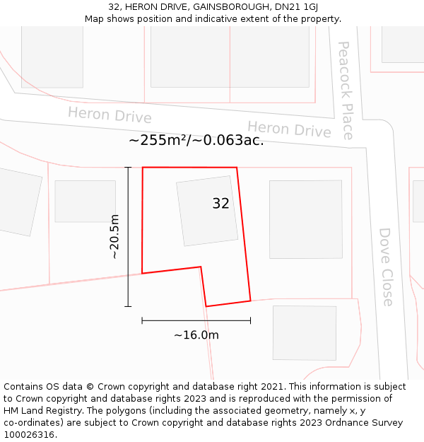 32, HERON DRIVE, GAINSBOROUGH, DN21 1GJ: Plot and title map