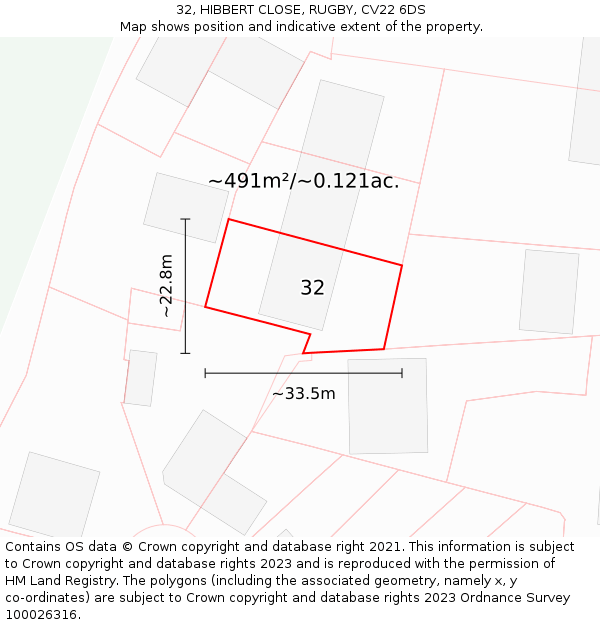 32, HIBBERT CLOSE, RUGBY, CV22 6DS: Plot and title map