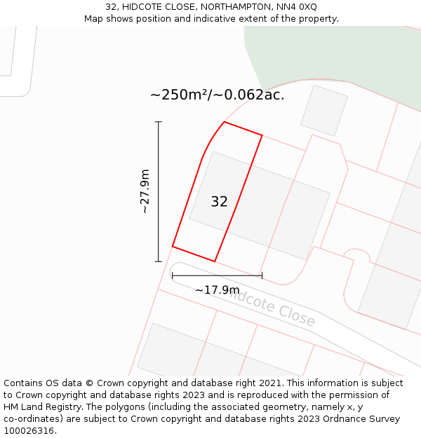 32, HIDCOTE CLOSE, NORTHAMPTON, NN4 0XQ: Plot and title map