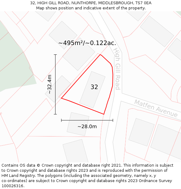 32, HIGH GILL ROAD, NUNTHORPE, MIDDLESBROUGH, TS7 0EA: Plot and title map