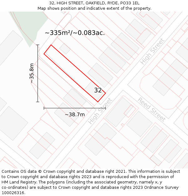 32, HIGH STREET, OAKFIELD, RYDE, PO33 1EL: Plot and title map