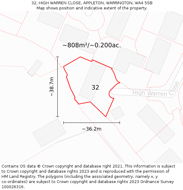 32, HIGH WARREN CLOSE, APPLETON, WARRINGTON, WA4 5SB: Plot and title map