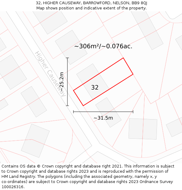 32, HIGHER CAUSEWAY, BARROWFORD, NELSON, BB9 8QJ: Plot and title map