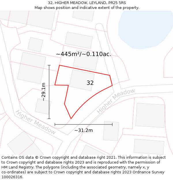 32, HIGHER MEADOW, LEYLAND, PR25 5RS: Plot and title map