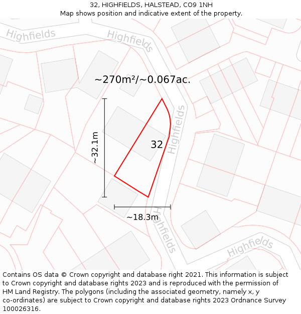 32, HIGHFIELDS, HALSTEAD, CO9 1NH: Plot and title map