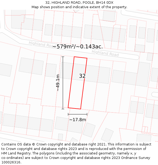 32, HIGHLAND ROAD, POOLE, BH14 0DX: Plot and title map