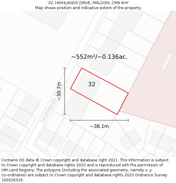 32, HIGHLANDS DRIVE, MALDON, CM9 6HY: Plot and title map