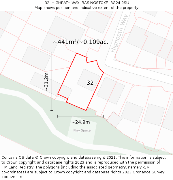 32, HIGHPATH WAY, BASINGSTOKE, RG24 9SU: Plot and title map