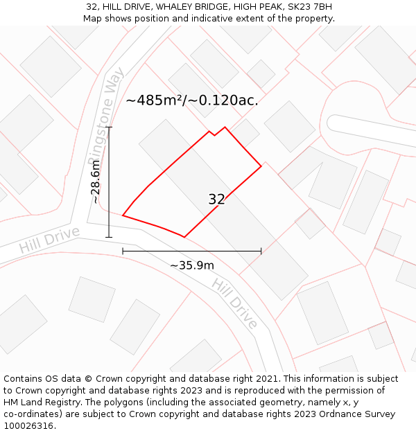 32, HILL DRIVE, WHALEY BRIDGE, HIGH PEAK, SK23 7BH: Plot and title map