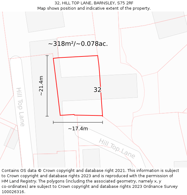 32, HILL TOP LANE, BARNSLEY, S75 2RF: Plot and title map