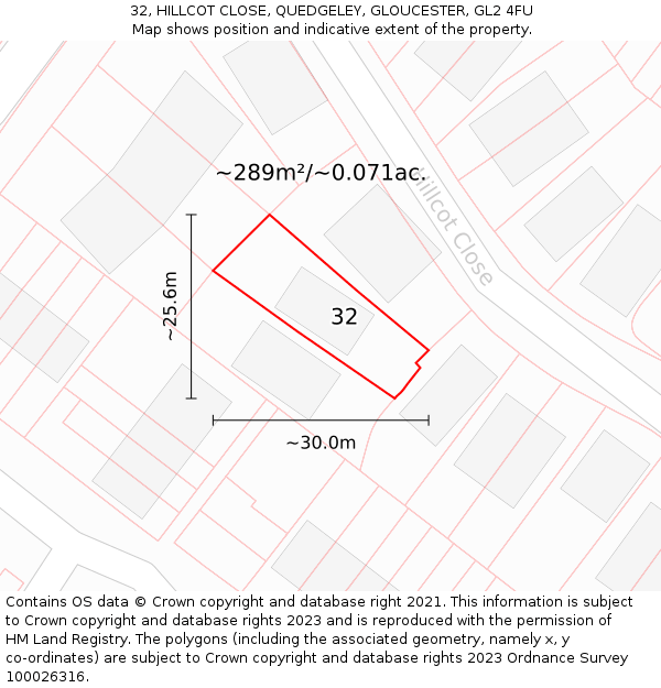 32, HILLCOT CLOSE, QUEDGELEY, GLOUCESTER, GL2 4FU: Plot and title map