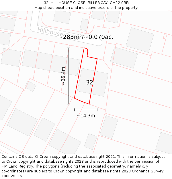 32, HILLHOUSE CLOSE, BILLERICAY, CM12 0BB: Plot and title map