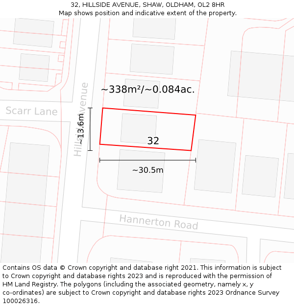 32, HILLSIDE AVENUE, SHAW, OLDHAM, OL2 8HR: Plot and title map