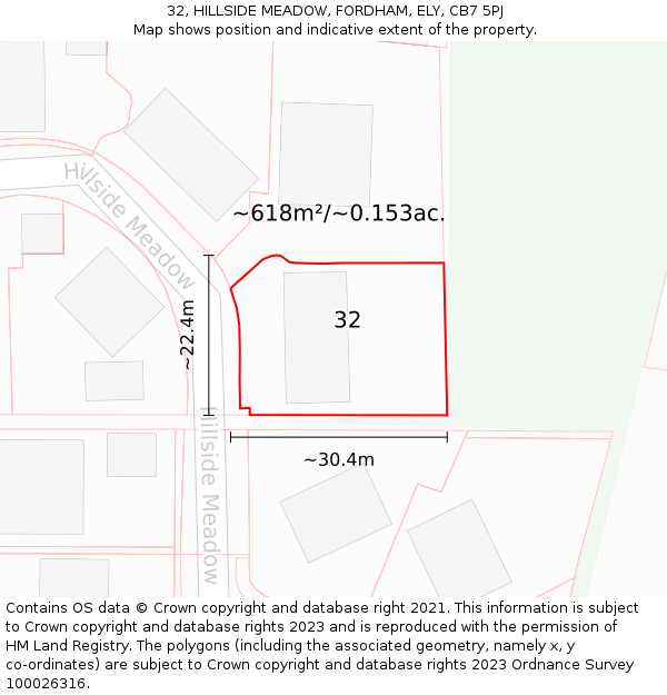 32, HILLSIDE MEADOW, FORDHAM, ELY, CB7 5PJ: Plot and title map