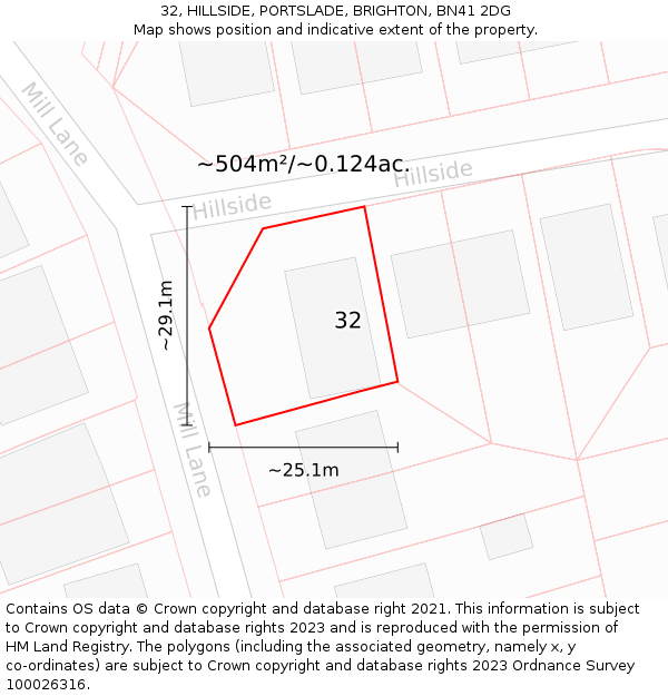 32, HILLSIDE, PORTSLADE, BRIGHTON, BN41 2DG: Plot and title map