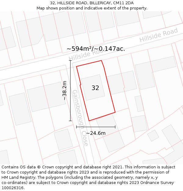 32, HILLSIDE ROAD, BILLERICAY, CM11 2DA: Plot and title map