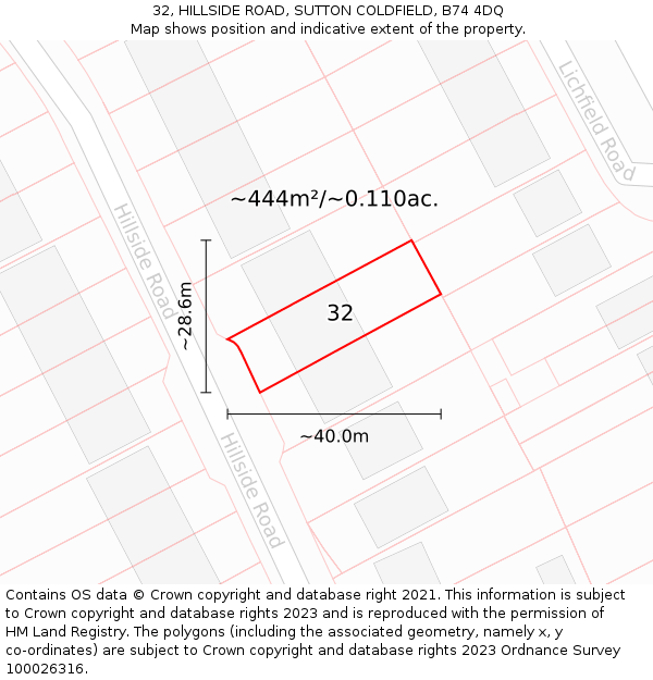 32, HILLSIDE ROAD, SUTTON COLDFIELD, B74 4DQ: Plot and title map