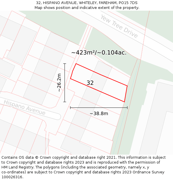 32, HISPANO AVENUE, WHITELEY, FAREHAM, PO15 7DS: Plot and title map