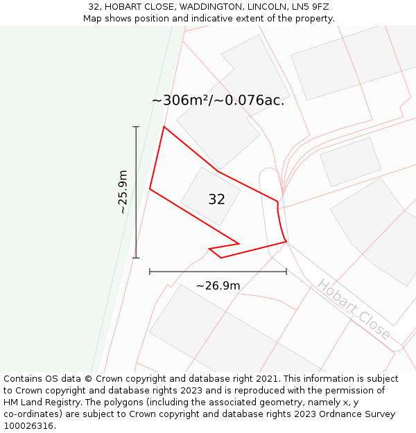 32, HOBART CLOSE, WADDINGTON, LINCOLN, LN5 9FZ: Plot and title map