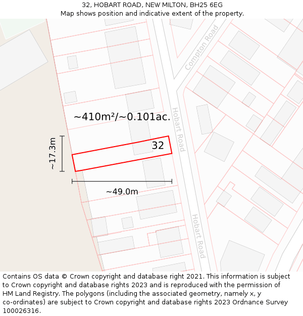 32, HOBART ROAD, NEW MILTON, BH25 6EG: Plot and title map