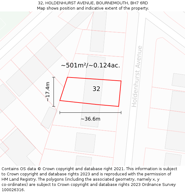 32, HOLDENHURST AVENUE, BOURNEMOUTH, BH7 6RD: Plot and title map