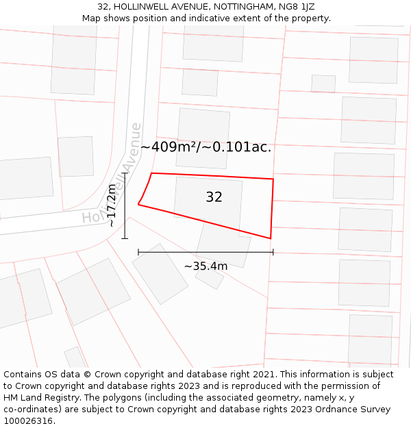 32, HOLLINWELL AVENUE, NOTTINGHAM, NG8 1JZ: Plot and title map