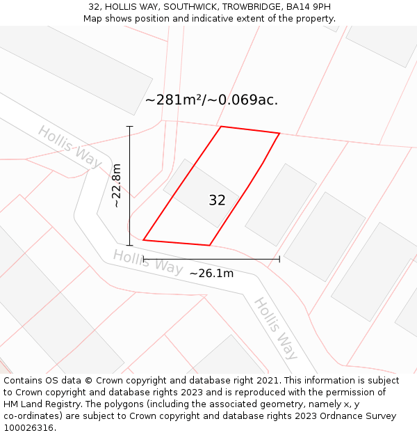 32, HOLLIS WAY, SOUTHWICK, TROWBRIDGE, BA14 9PH: Plot and title map