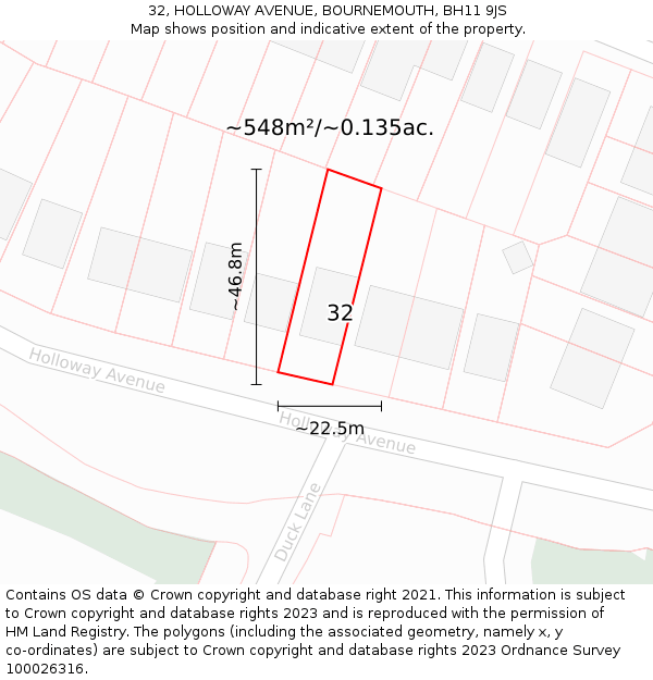 32, HOLLOWAY AVENUE, BOURNEMOUTH, BH11 9JS: Plot and title map