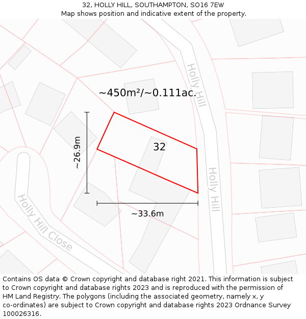 32, HOLLY HILL, SOUTHAMPTON, SO16 7EW: Plot and title map