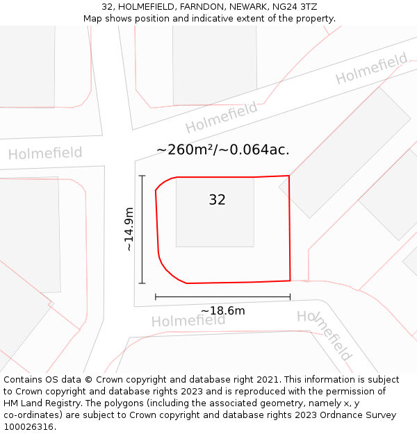 32, HOLMEFIELD, FARNDON, NEWARK, NG24 3TZ: Plot and title map