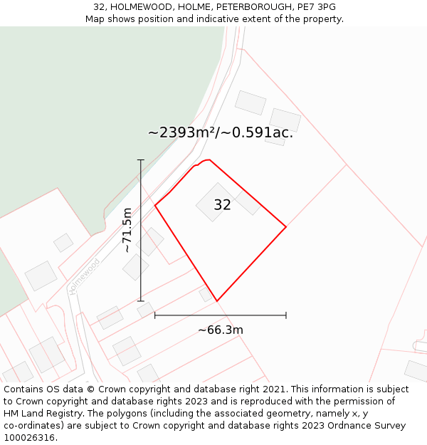 32, HOLMEWOOD, HOLME, PETERBOROUGH, PE7 3PG: Plot and title map