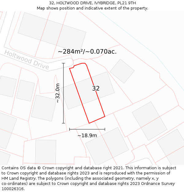32, HOLTWOOD DRIVE, IVYBRIDGE, PL21 9TH: Plot and title map