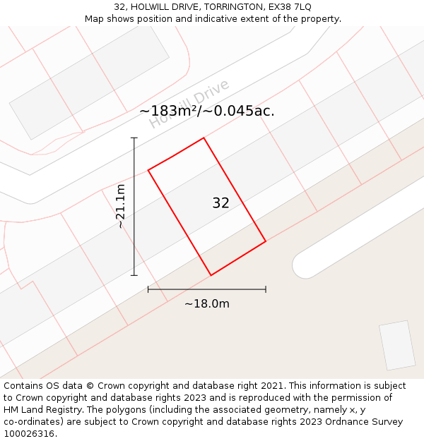 32, HOLWILL DRIVE, TORRINGTON, EX38 7LQ: Plot and title map